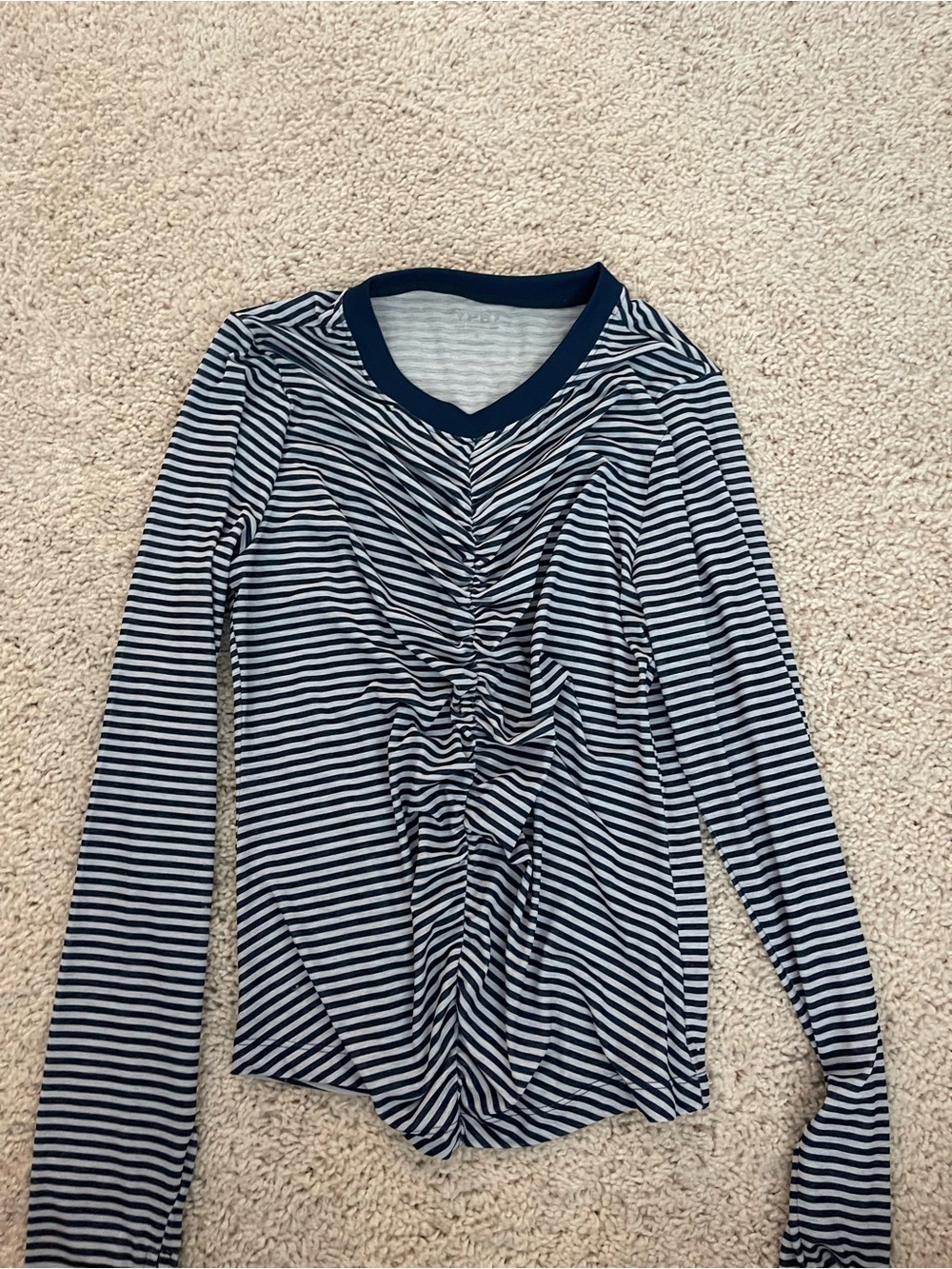 Abercrombie & Fitch Navy and White Striped Ruched V-Neck Long Sleeve Top